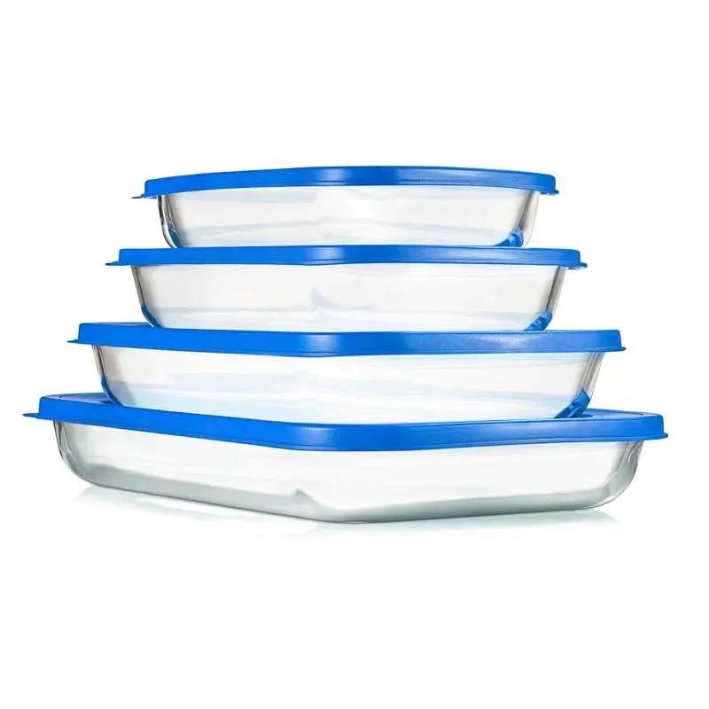 Set of 4 - Rectangular Oven Safe Glass Bakeware Set with Blue Plastic Lids by HomePacific