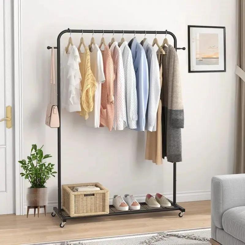 Black Modern Garment Rack Clothes Hanging Rod with Lockable Wheels by HomePacific