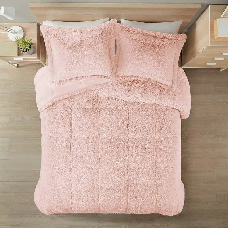 Full/Queen Pink Blush Soft Sherpa Faux Fur 3-Piece Comforter Set by HomePacific
