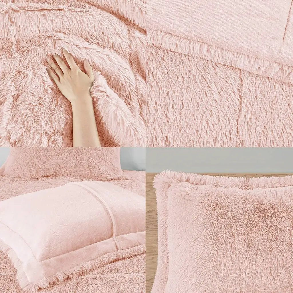 Full/Queen Pink Blush Soft Sherpa Faux Fur 3-Piece Comforter Set by HomePacific