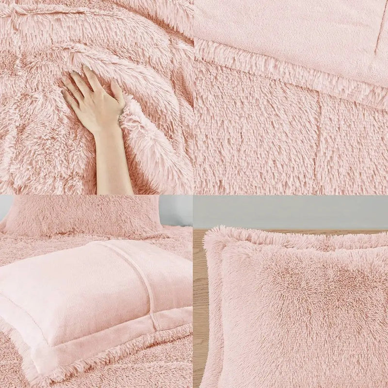 Full/Queen Pink Blush Soft Sherpa Faux Fur 3-Piece Comforter Set by HomePacific