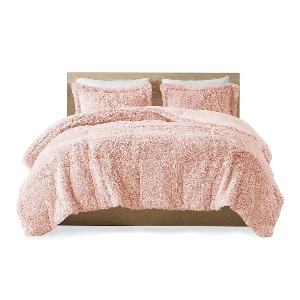 Full/Queen Pink Blush Soft Sherpa Faux Fur 3-Piece Comforter Set by HomePacific
