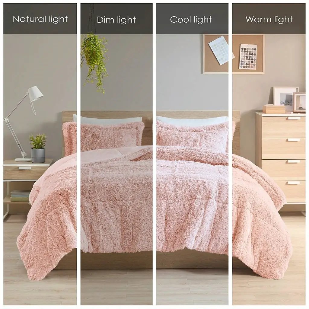 Full/Queen Pink Blush Soft Sherpa Faux Fur 3-Piece Comforter Set by HomePacific