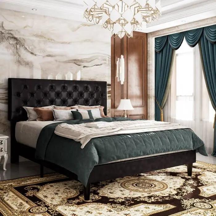 Queen Black Faux Leather Upholstered Platform Bed with Button-Tufted Headboard by HomePacific