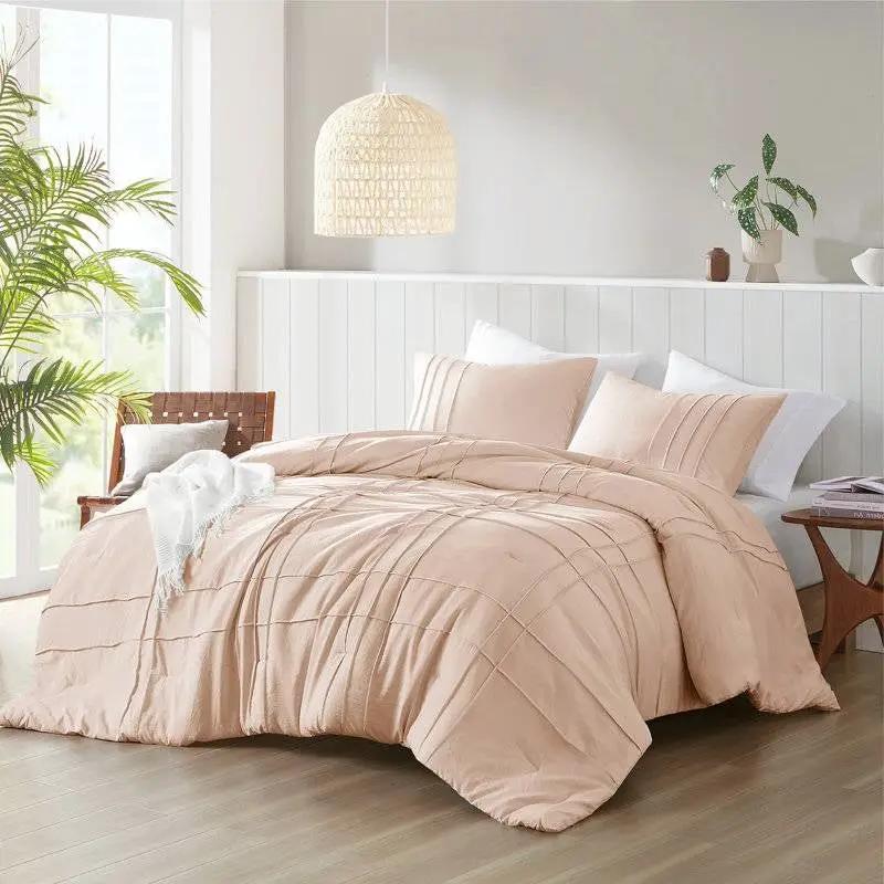 King Size Microfiber Pleated Soft Washed Comforter Set Pink Blush Color by HomePacific
