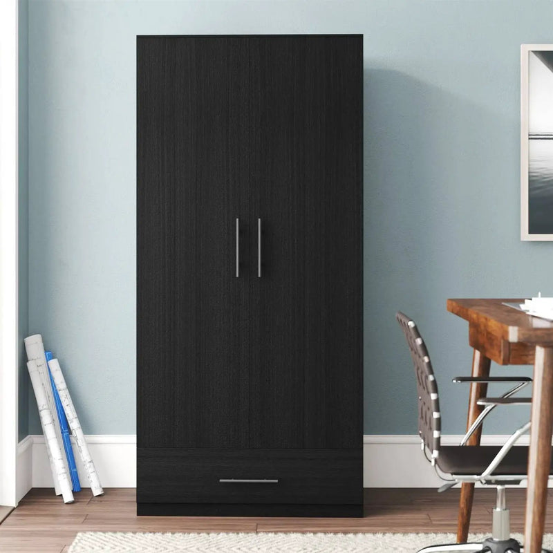 Modern Armoire Wardrobe Closet Cabinet with Storage Drawer in Black Wood Finish by HomePacific