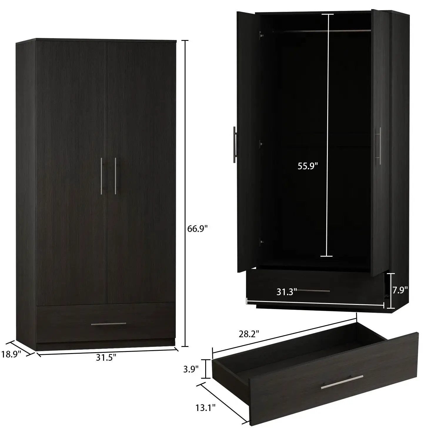 Modern Armoire Wardrobe Closet Cabinet with Storage Drawer in Black Wood Finish by HomePacific