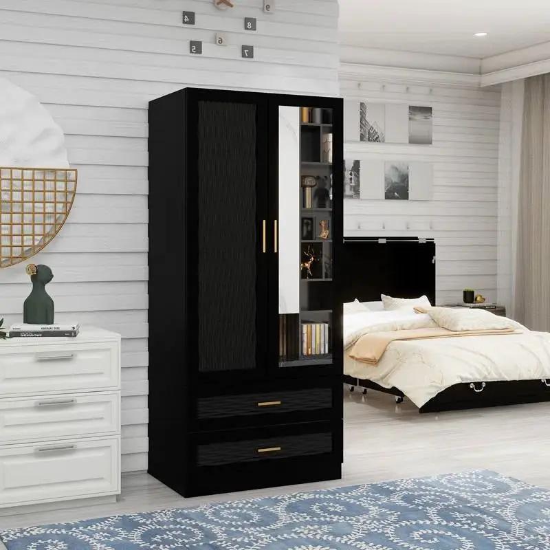 Black Wardrobe Armoire Cabinet with Mirror Hanging Rod and Storage Drawers by HomePacific