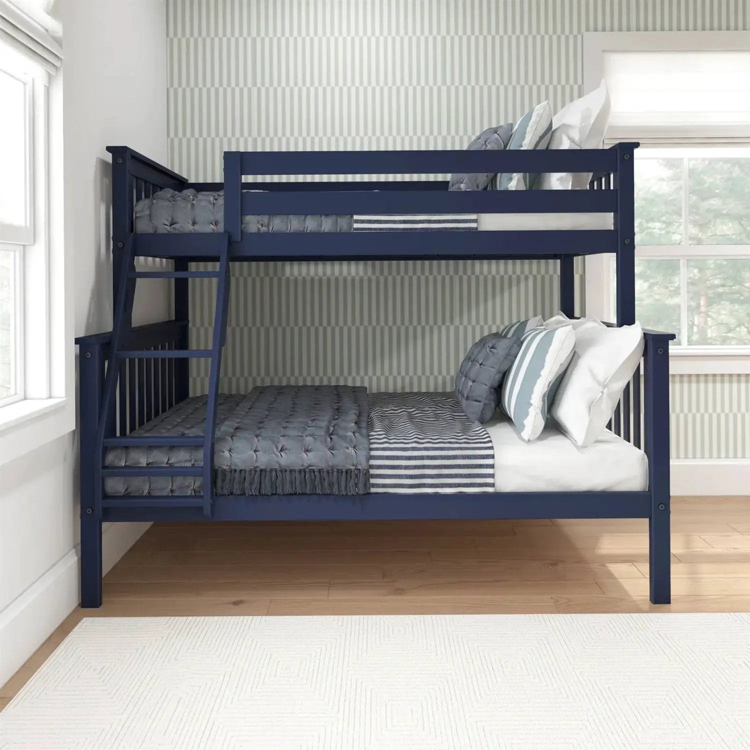 Twin over Full size Solid Wood Bunk Bed in Dark Navy Blue Finish by HomePacific