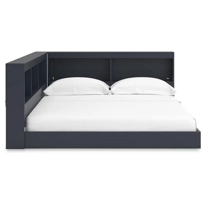 Twin size Blue Wooden Corner Storage Bed with Bookcase Headboard and USB Ports by HomePacific