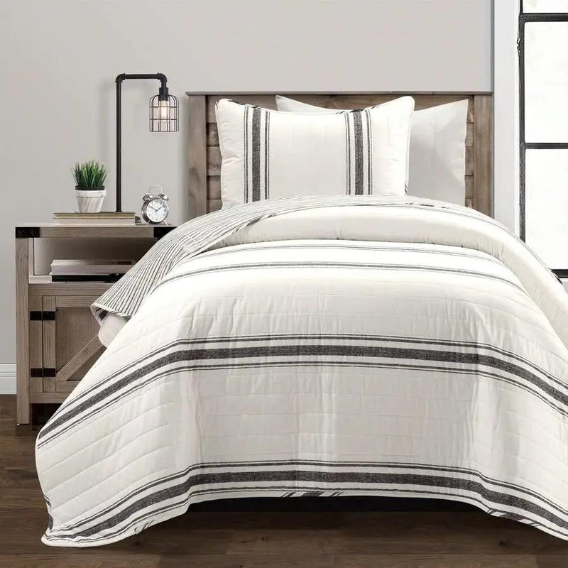 Twin/Twin XL Black Off-White Cream Stripe Reversible Cotton 2 Piece Quilt Set by HomePacific