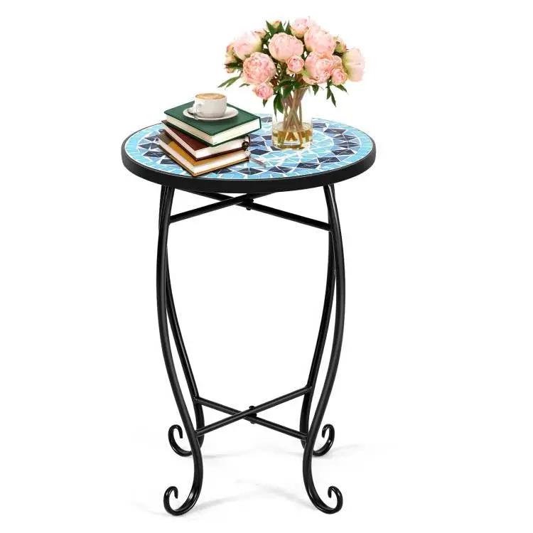 Indoor/Outdoor Blue Mosaic Round Side Accent Table Plant Stand by HomePacific