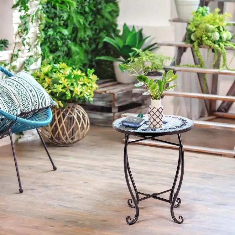 Indoor/Outdoor Blue Mosaic Round Side Accent Table Plant Stand by HomePacific