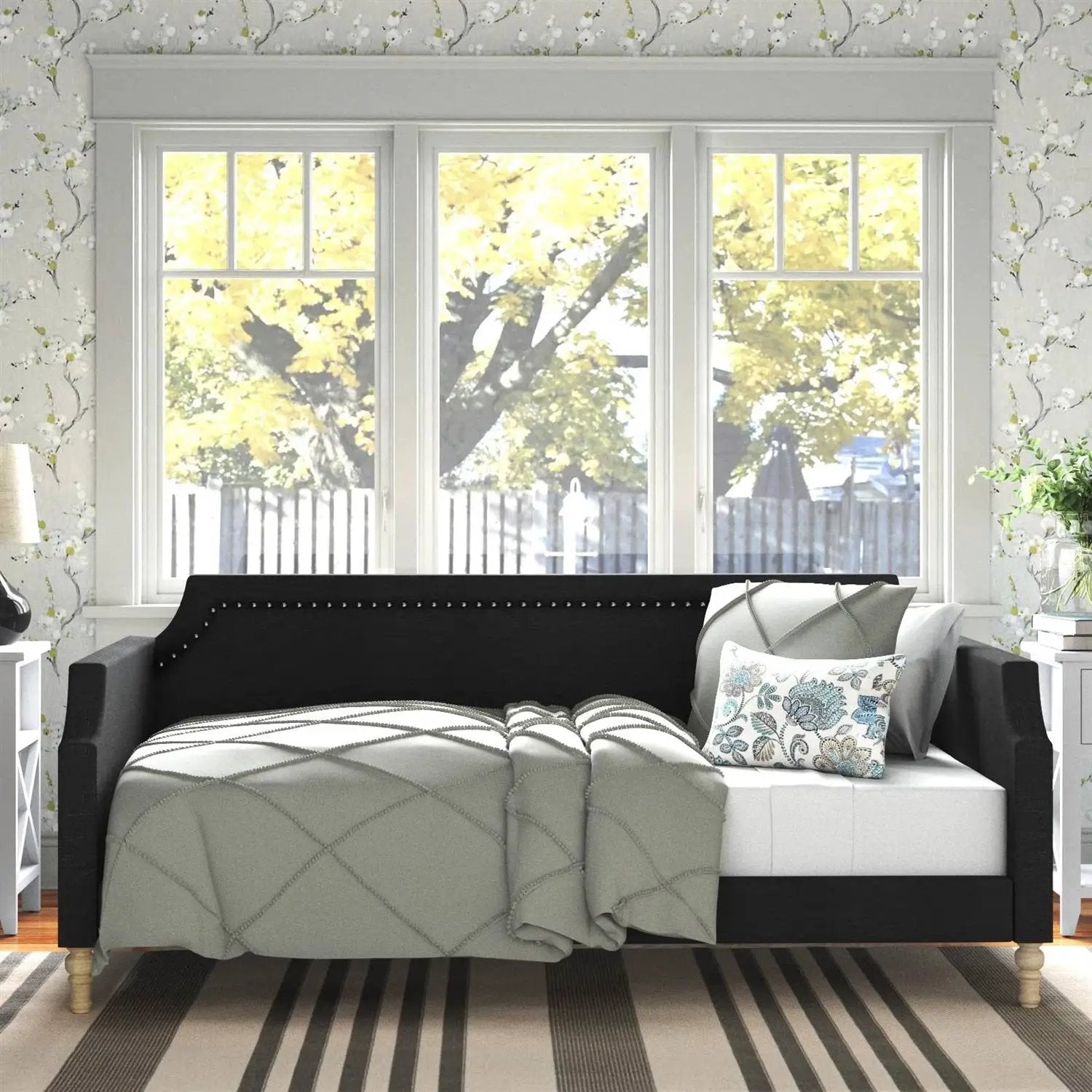 Twin size Black Polyester Fabric Upholstered Daybed with Nailhead Trim by HomePacific