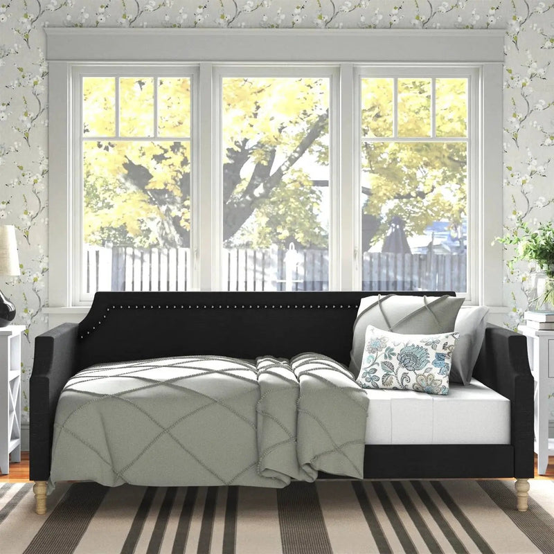 Twin size Black Polyester Fabric Upholstered Daybed with Nailhead Trim by HomePacific