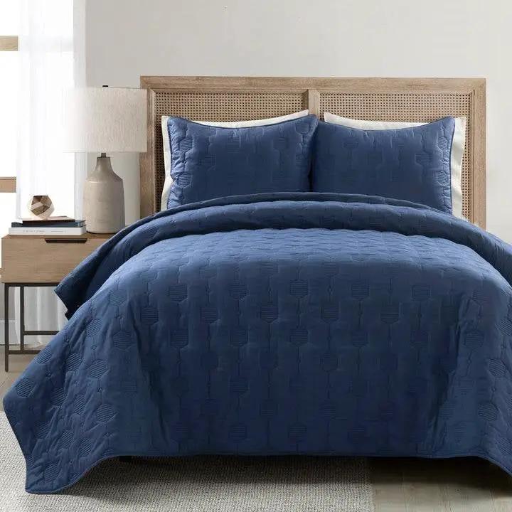 Full/Queen size Lightweight Blue Textured Cotton 3 Piece Quilt Set by HomePacific