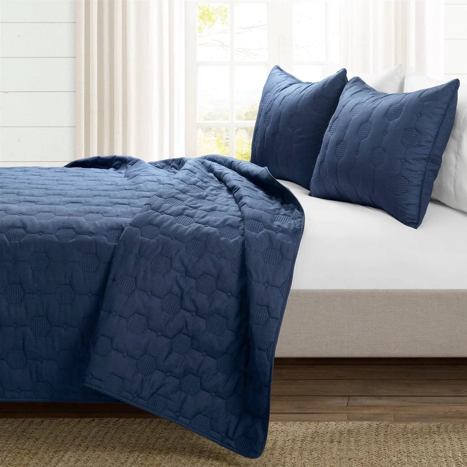 King/California King size Lightweight Blue Textured Cotton 3 Piece Quilt Set by HomePacific