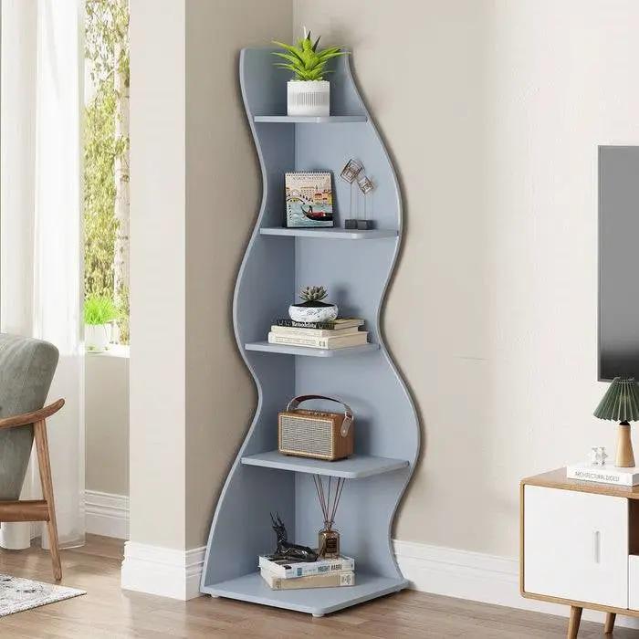 Modern Whimsical 5 Shelf Corner Bookcase Stand Blue Wood Finish by HomePacific