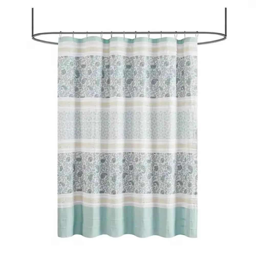 72 x 72-in Cotton Shower Curtain with Teal Blue Grey Cream White Paisley Pattern by HomePacific