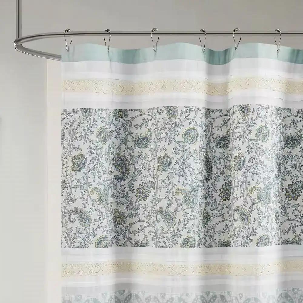 72 x 72-in Cotton Shower Curtain with Teal Blue Grey Cream White Paisley Pattern by HomePacific