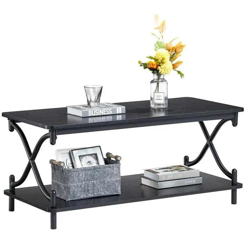Modern Industrial Black Metal Wood Coffee Table with Bottom Storage Shelf by HomePacific