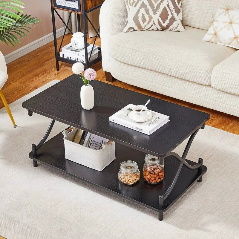 Modern Industrial Black Metal Wood Coffee Table with Bottom Storage Shelf by HomePacific