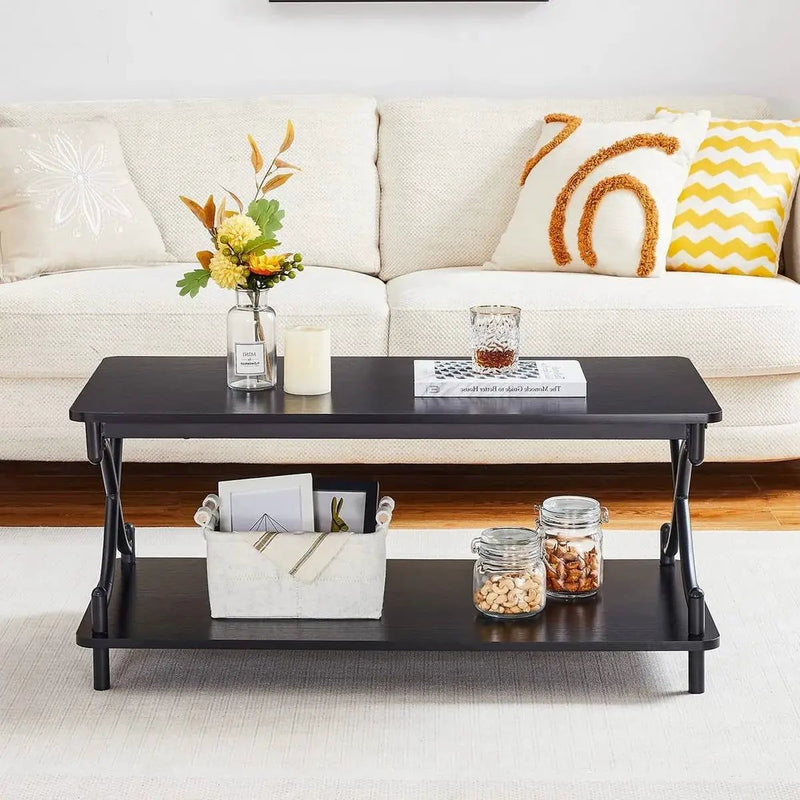 Modern Industrial Black Metal Wood Coffee Table with Bottom Storage Shelf by HomePacific