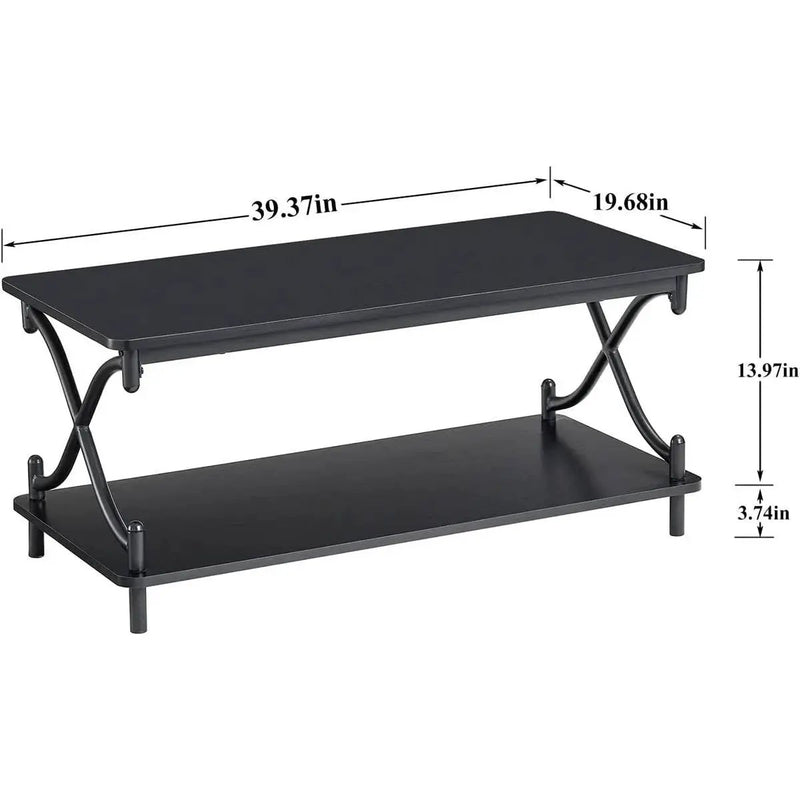 Modern Industrial Black Metal Wood Coffee Table with Bottom Storage Shelf by HomePacific