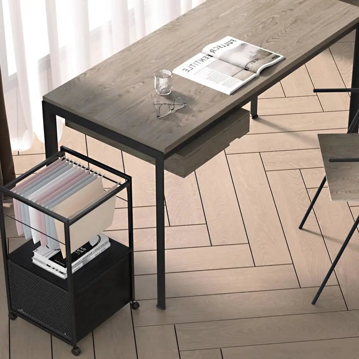 Black Metal Wood Rolling File Cabinet with Open File Hanging Bar by HomePacific