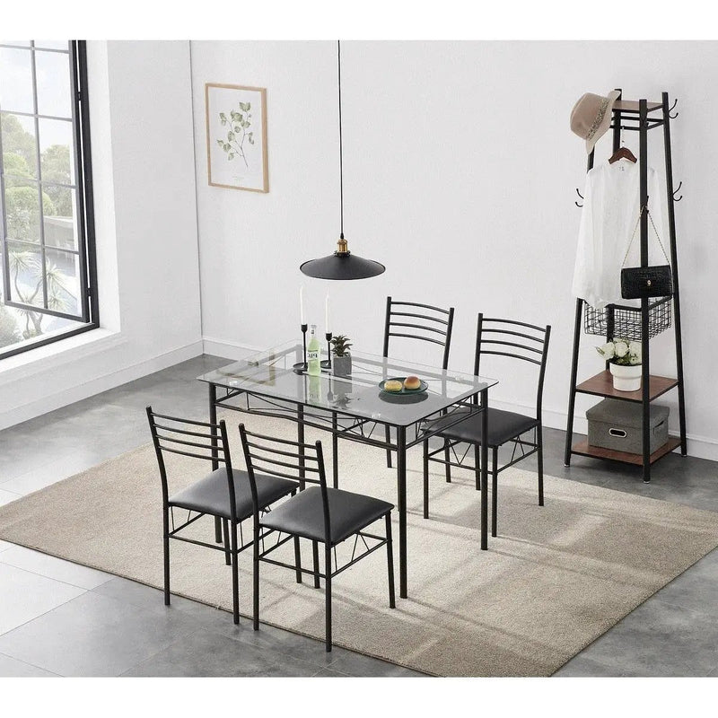 Black 5-Piece Dining Set with Rectangular Glass-Top Table and 4 Chairs by HomePacific