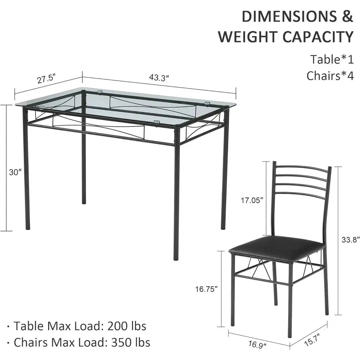 Black 5-Piece Dining Set with Rectangular Glass-Top Table and 4 Chairs by HomePacific