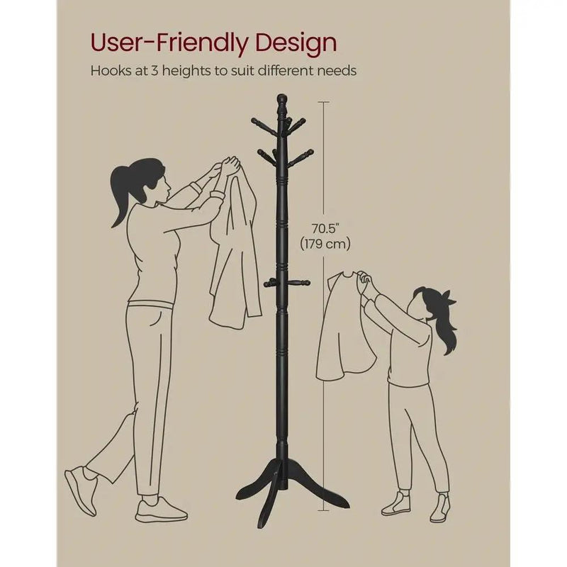Solid Wood Coat Rack with 10 Hooks in Black Finish by HomePacific