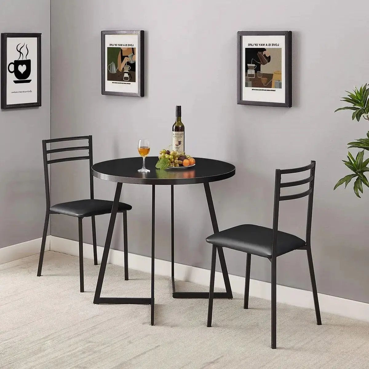 Modern 3-Piece Kitchen Dining Set with Round Black Wood-Top Table and 2 Chairs by HomePacific
