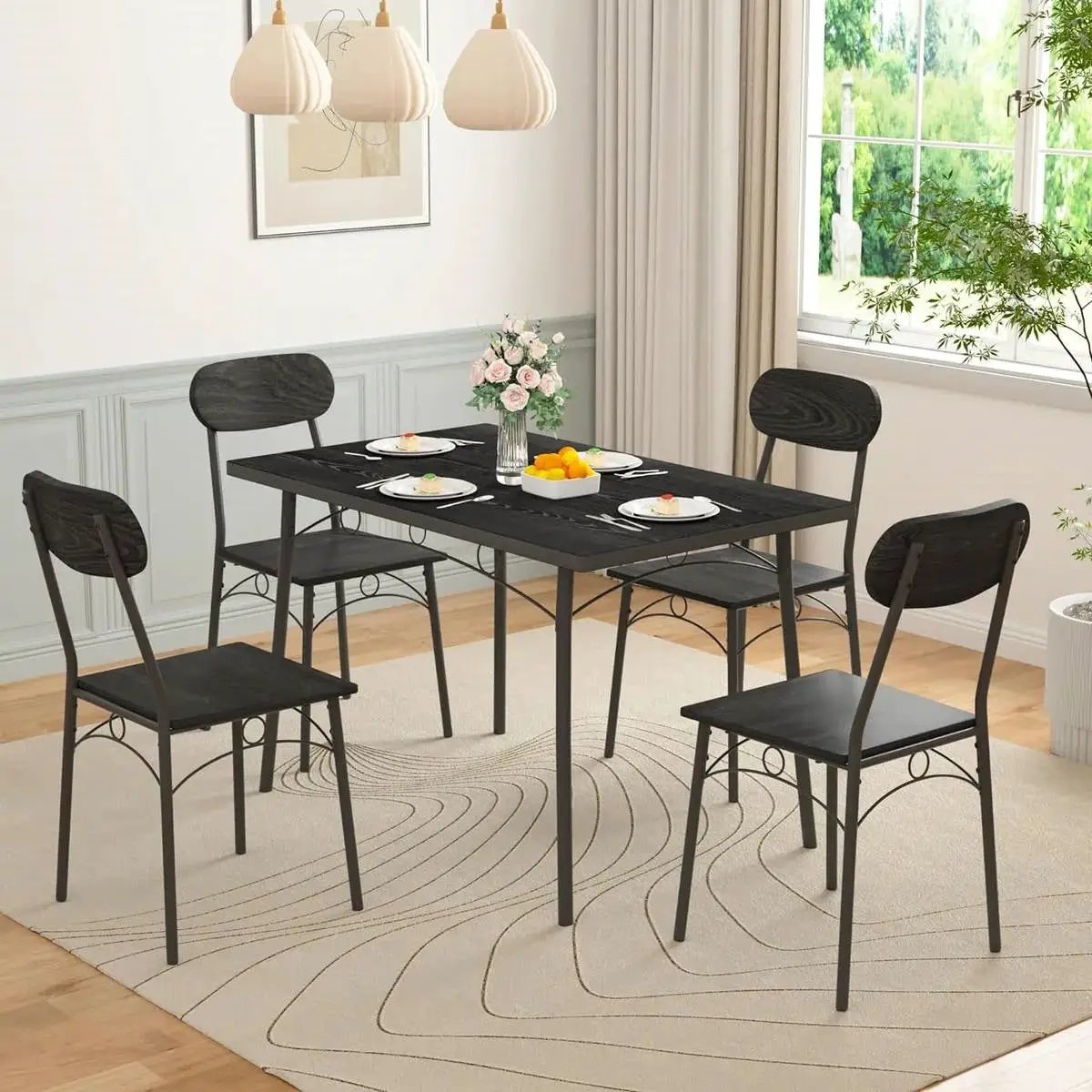 Modern 5-Piece Dining Set with Black Wood-Top Table and 4 Chairs by HomePacific