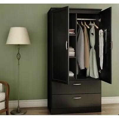 Modern Two Door Wardrobe Armoire with Two Drawers and Hanging Rod Storage, Black by HomePacific