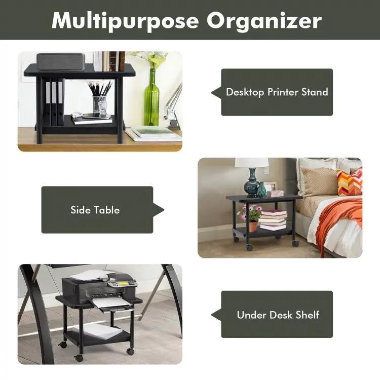 Black Multipurpose 2-Tiered Mobile Wheeled Printer Cart Stand by HomePacific