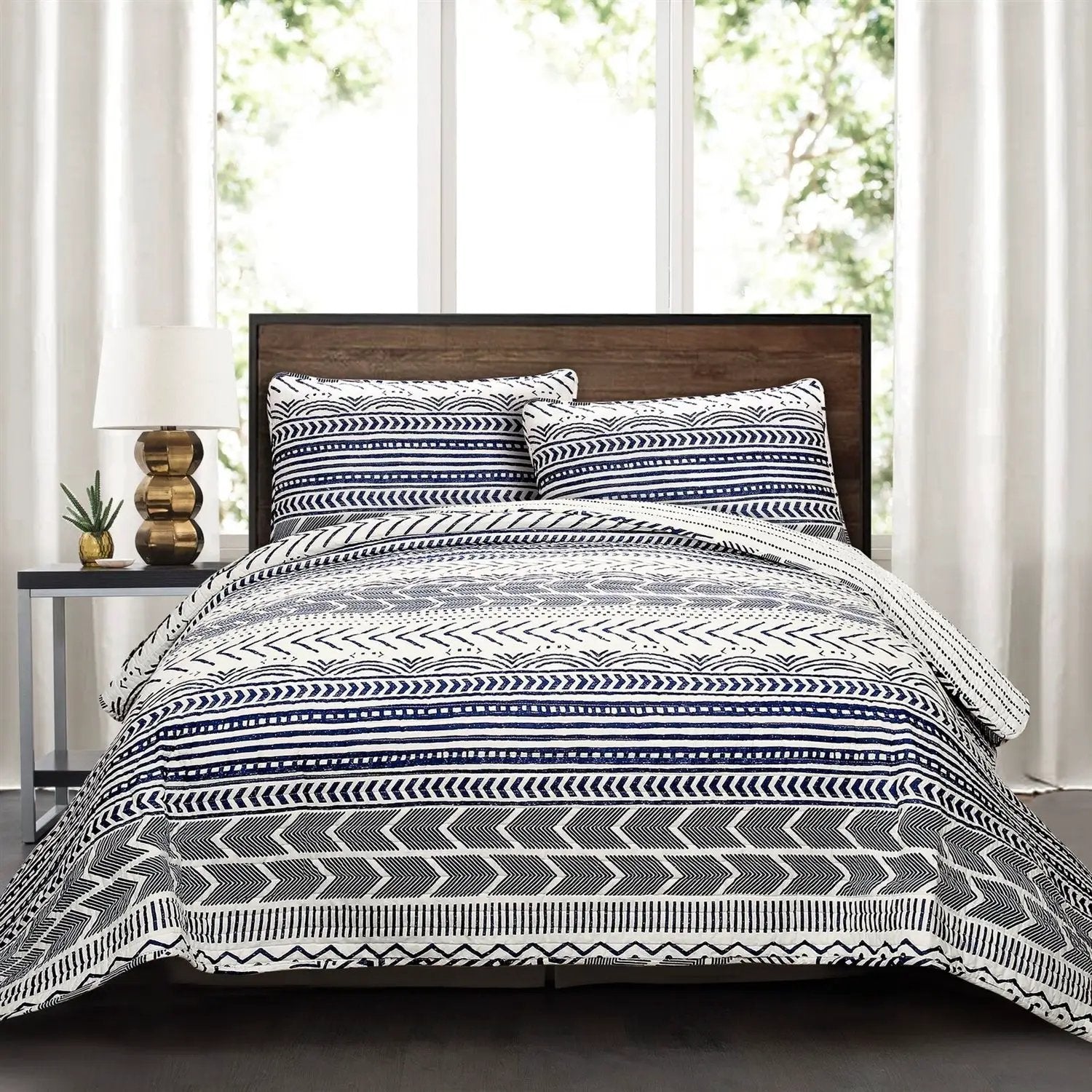 3 Piece Scandinavian Blue White Reversible Cotton Set in Full/Queen by HomePacific