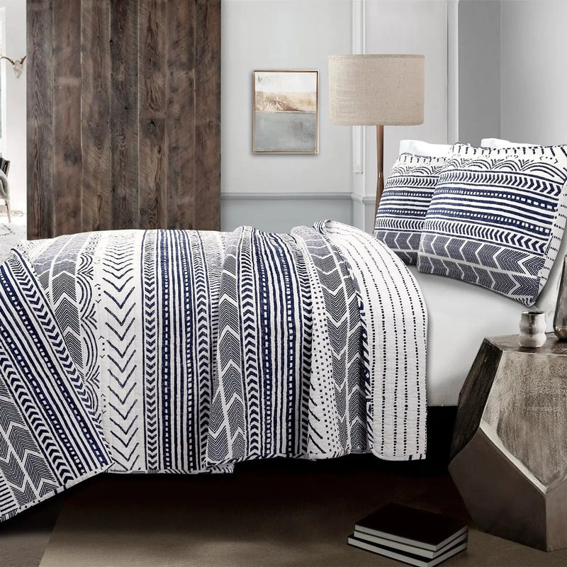 3 Piece Scandinavian Blue White Reversible Cotton Set in Full/Queen by HomePacific