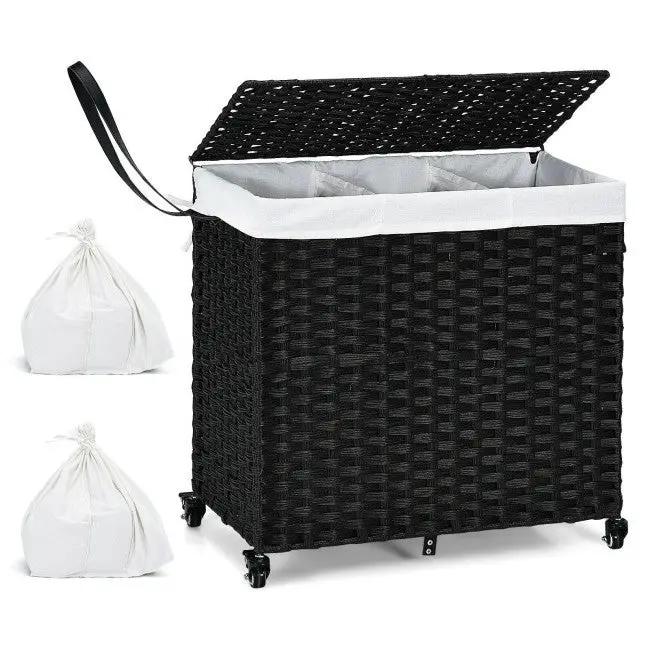 Black 3 Bin Linen Lined on Wheels PR Rattan Laundry Hamper by HomePacific