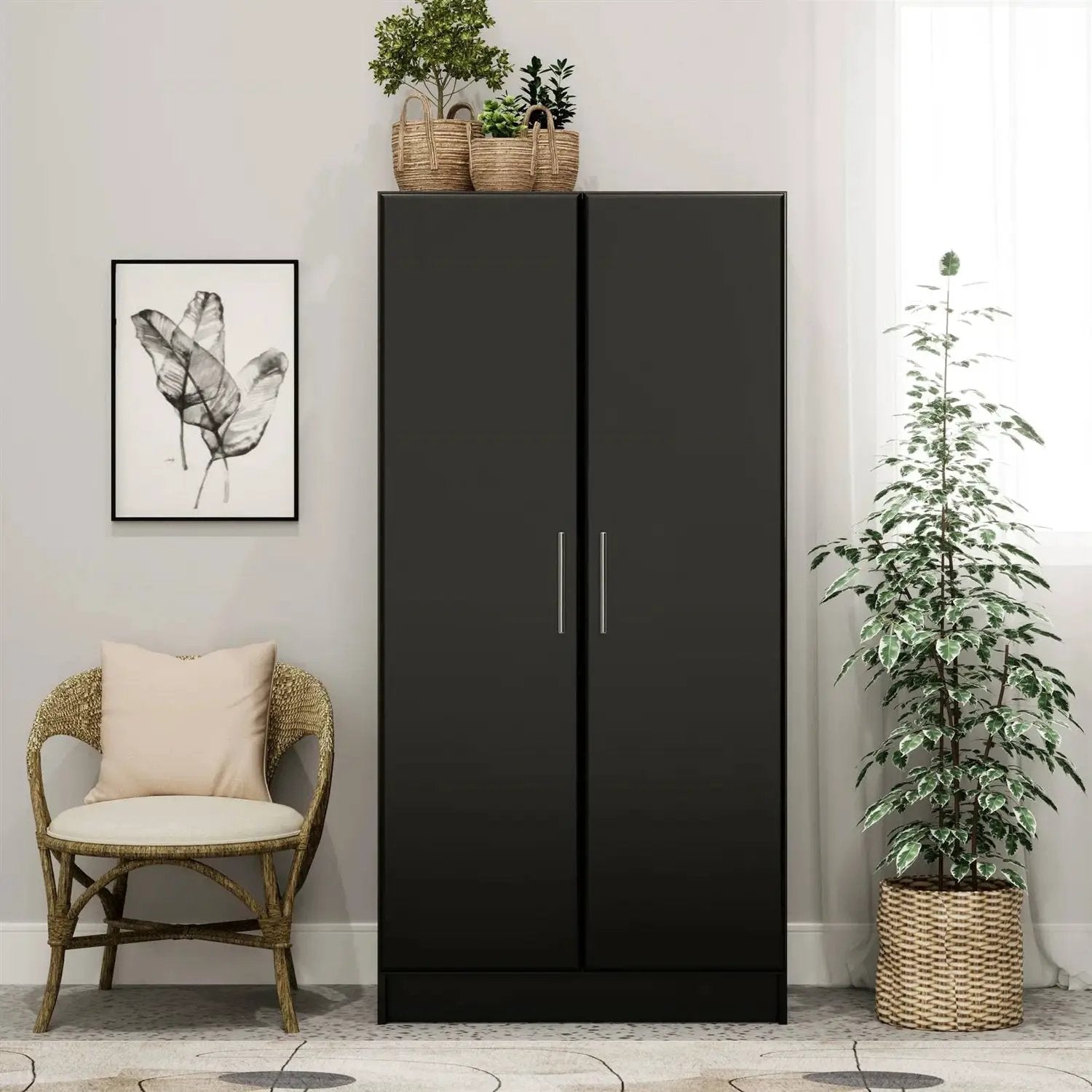 Bedroom Armoire Wardrobe Cabinet with Hanging Rail in Black Wood Finish by HomePacific