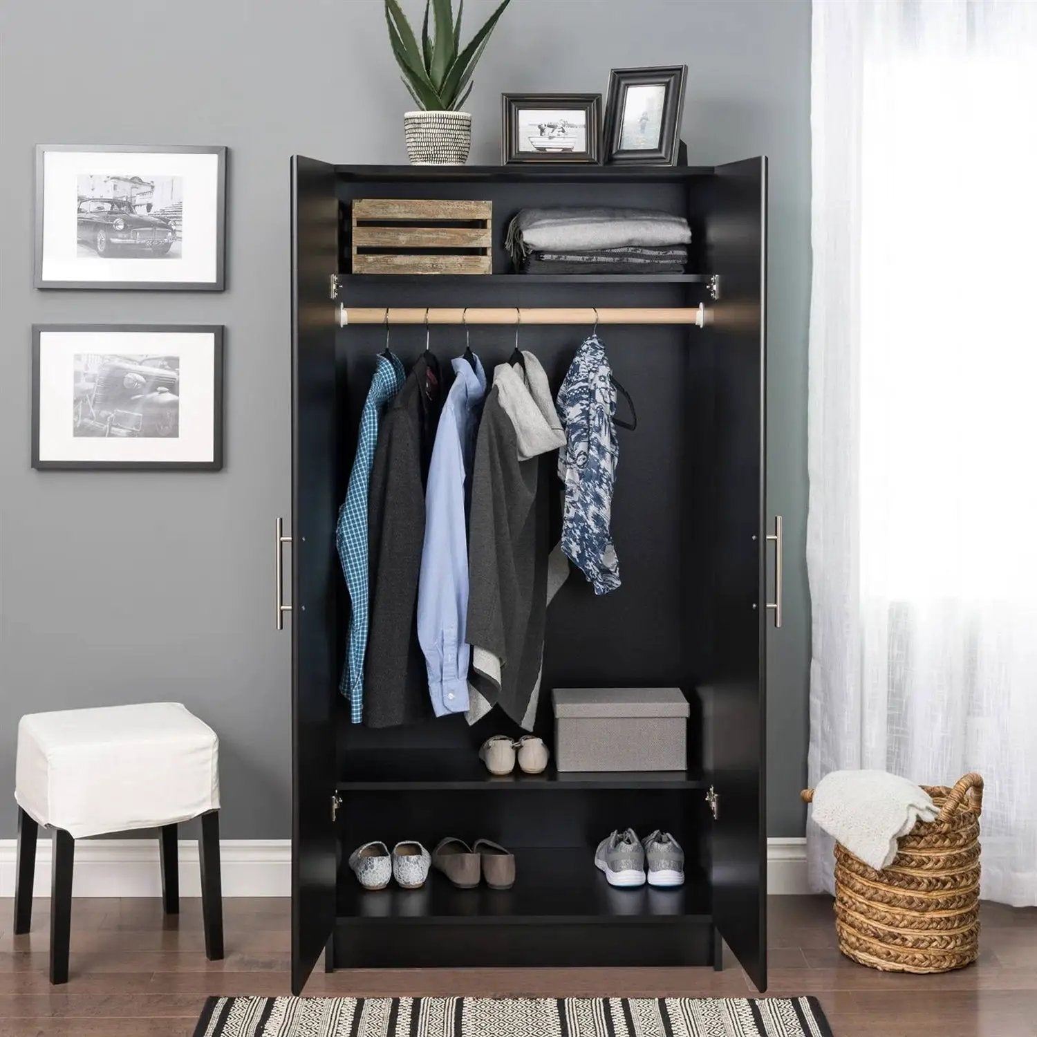 Bedroom Armoire Wardrobe Cabinet with Hanging Rail in Black Wood Finish by HomePacific
