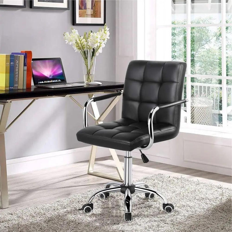 Modern Mid-Back Black Faux Leather Office Chair with Removable Arms by HomePacific