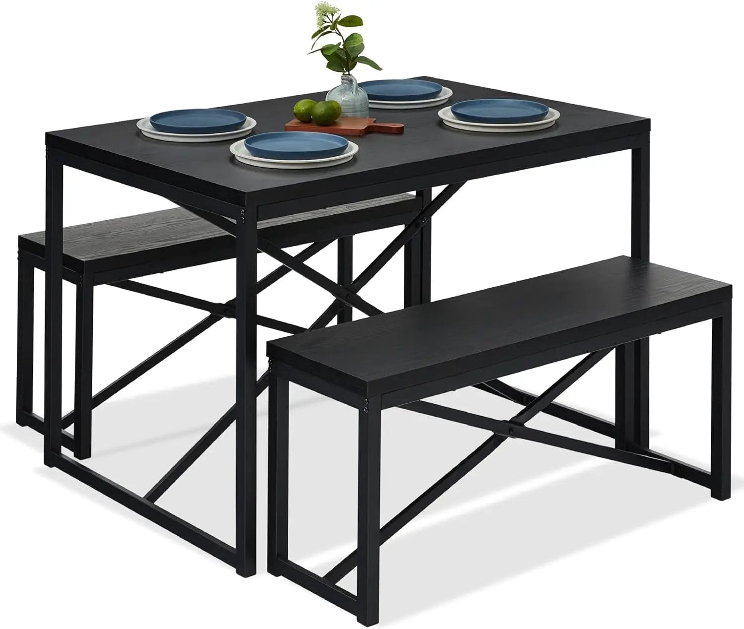 Modern 3-Piece Dining Set - Metal Frame Black Wood Top Table and 2 Bench Chairs by HomePacific