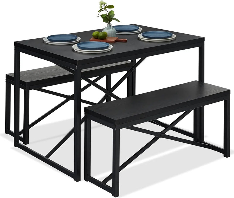 Modern 3-Piece Dining Set - Metal Frame Black Wood Top Table and 2 Bench Chairs by HomePacific