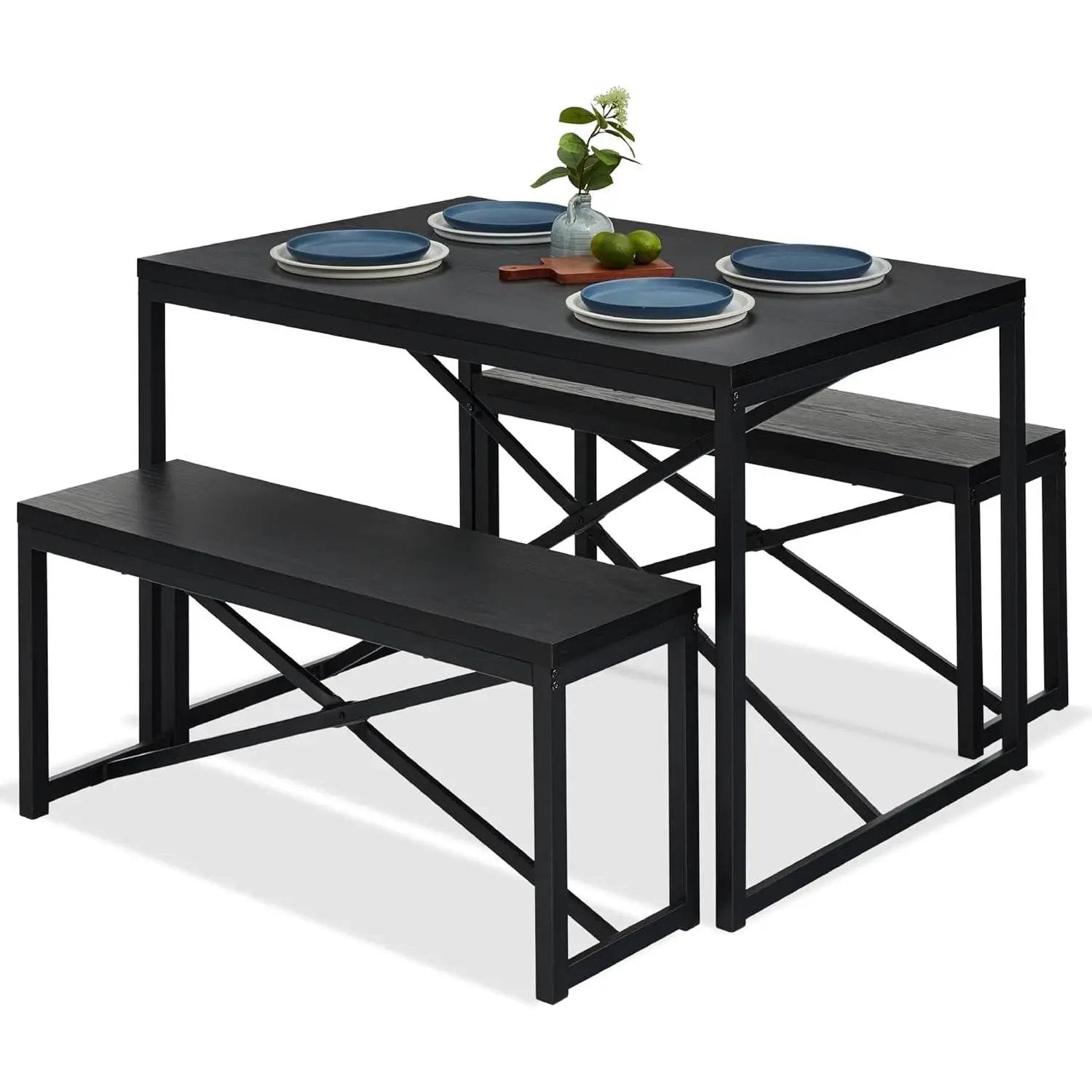 Modern 3-Piece Dining Set - Metal Frame Black Wood Top Table and 2 Bench Chairs by HomePacific