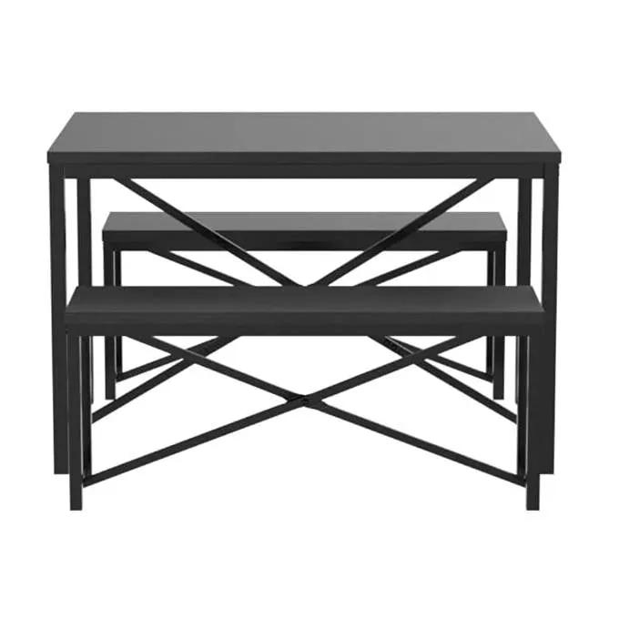 Modern 3-Piece Dining Set - Metal Frame Black Wood Top Table and 2 Bench Chairs by HomePacific