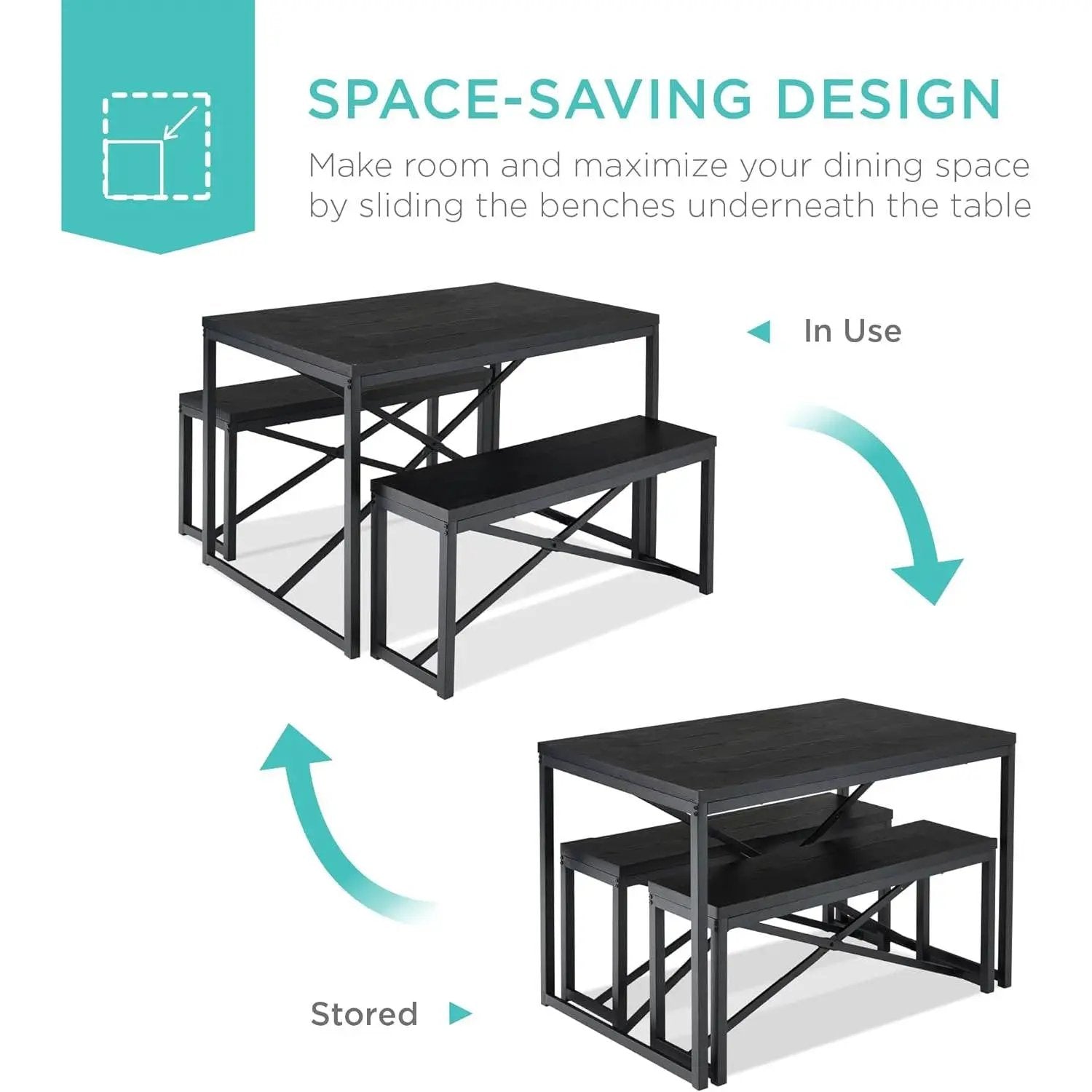 Modern 3-Piece Dining Set - Metal Frame Black Wood Top Table and 2 Bench Chairs by HomePacific