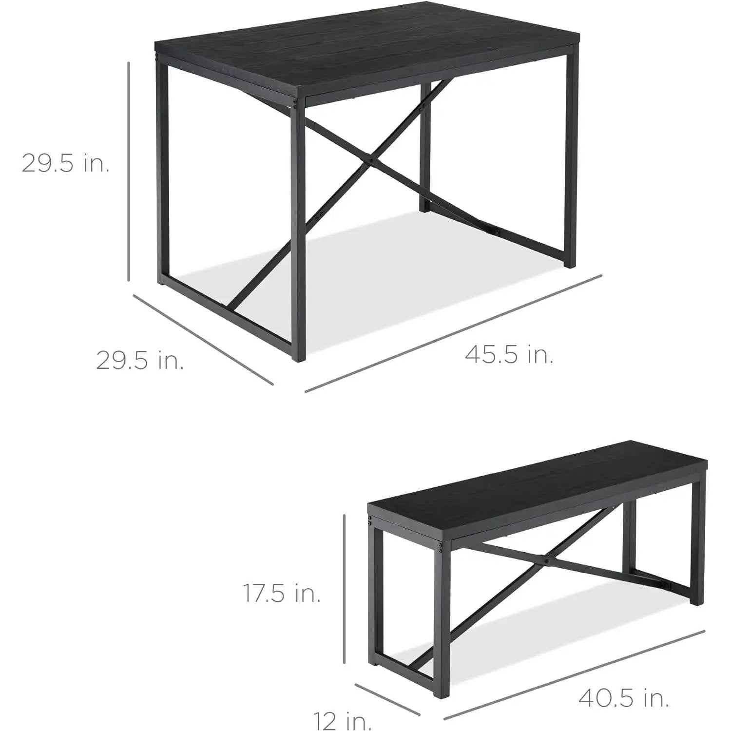 Modern 3-Piece Dining Set - Metal Frame Black Wood Top Table and 2 Bench Chairs by HomePacific
