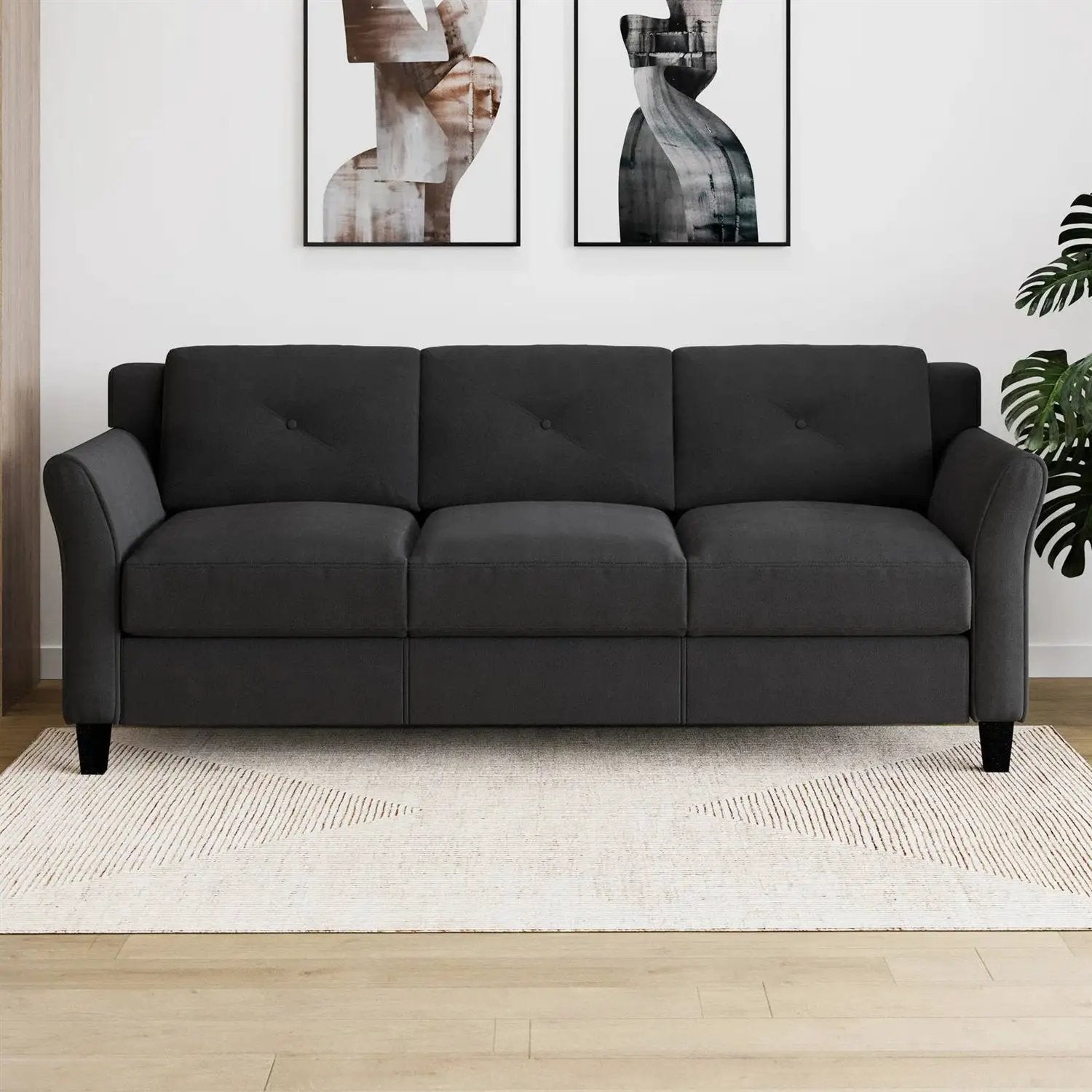Modern 3-Seater Black Microfiber Upholstered Sofa by HomePacific