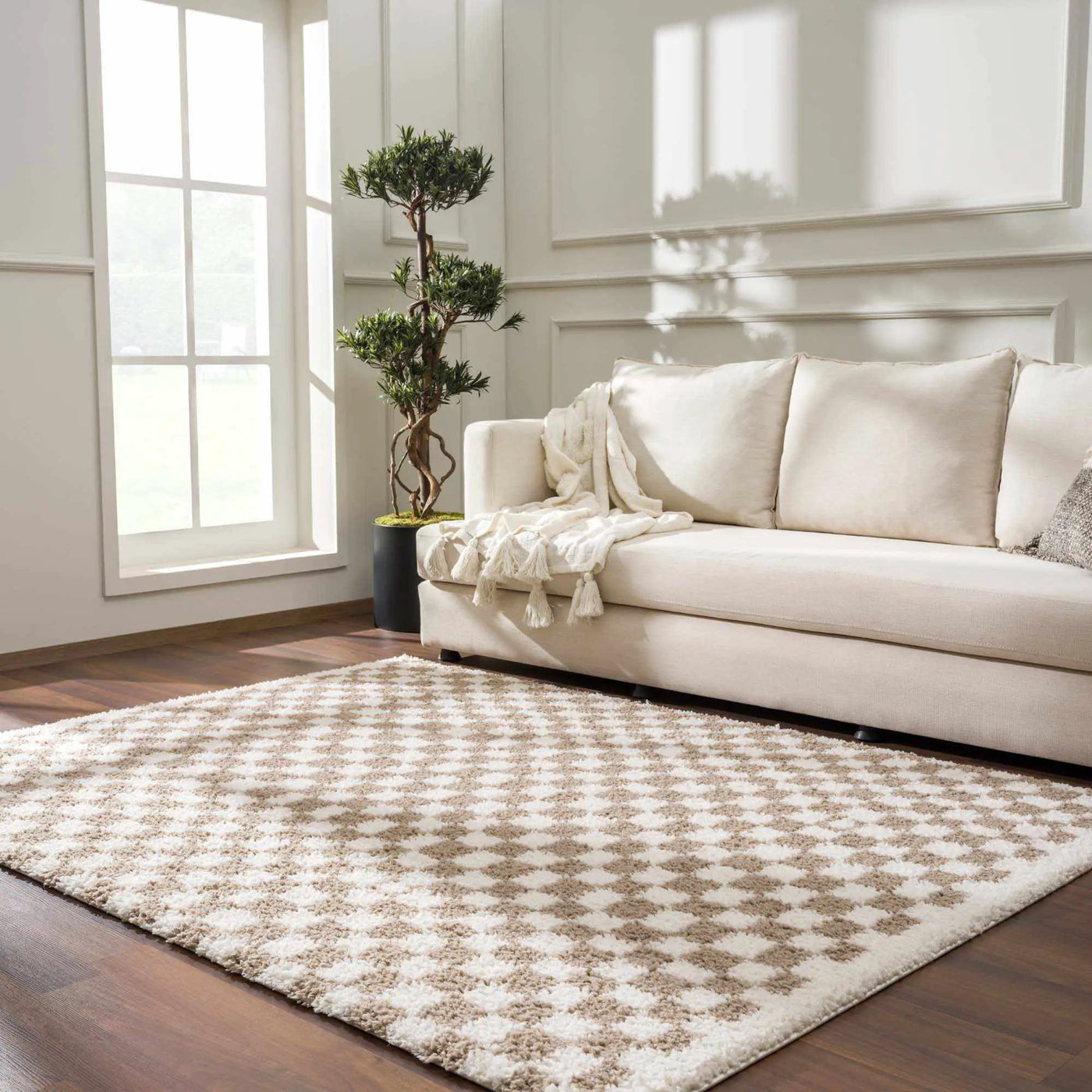 Kieu Taupe Checkered Shag Rug by Boutique Rugs